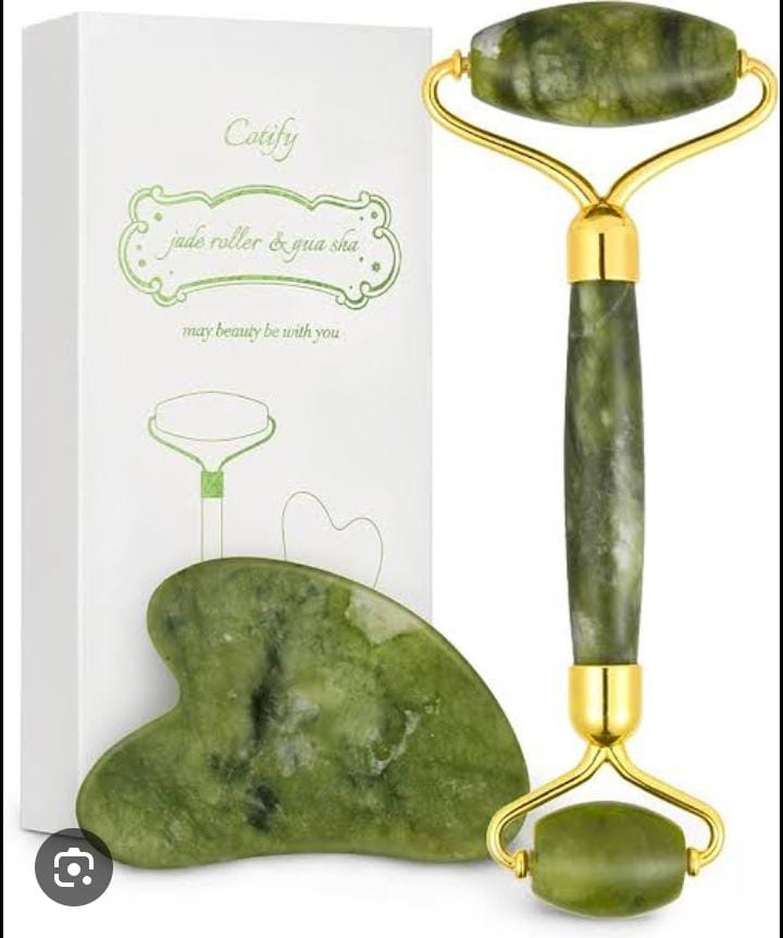 JADE FACIAL ROLLER + GUA SHA ; Skin Care Set For Face, Neck, Eye To Reduce Wrinkles & Relax Body Muscles
