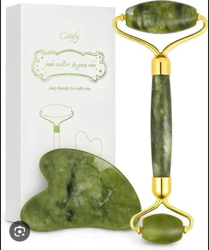 JADE FACIAL ROLLER + GUA SHA ; Skin Care Set For Face, Neck, Eye To Reduce Wrinkles & Relax Body Muscles