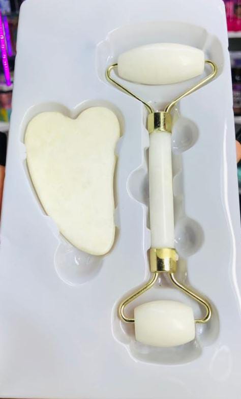 JADE FACIAL ROLLER + GUA SHA ; Skin Care Set For Face, Neck, Eye To Reduce Wrinkles & Relax Body Muscles
