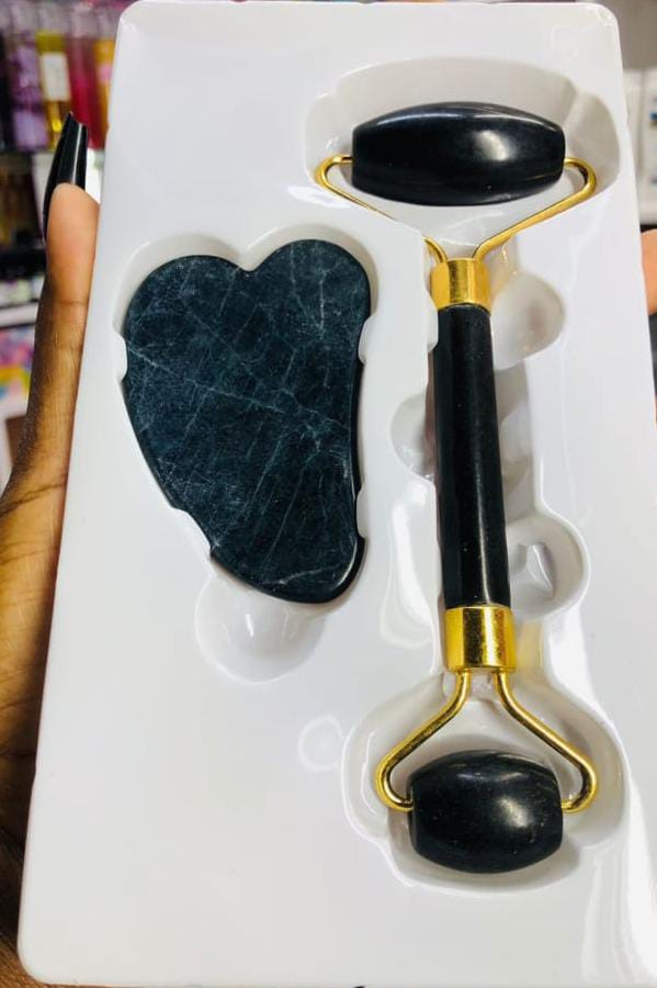 JADE FACIAL ROLLER + GUA SHA ; Skin Care Set For Face, Neck, Eye To Reduce Wrinkles & Relax Body Muscles