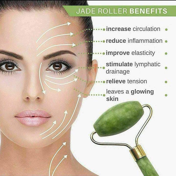 JADE FACIAL ROLLER + GUA SHA ; Skin Care Set For Face, Neck, Eye To Reduce Wrinkles & Relax Body Muscles