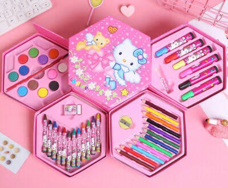 FlyerHigh Kids Multi Design 46 Pcs Cartoon Colors Box Color Pencil Crayons Water Color Sketch Pens Set Art Set Of 1 for Kids and Students