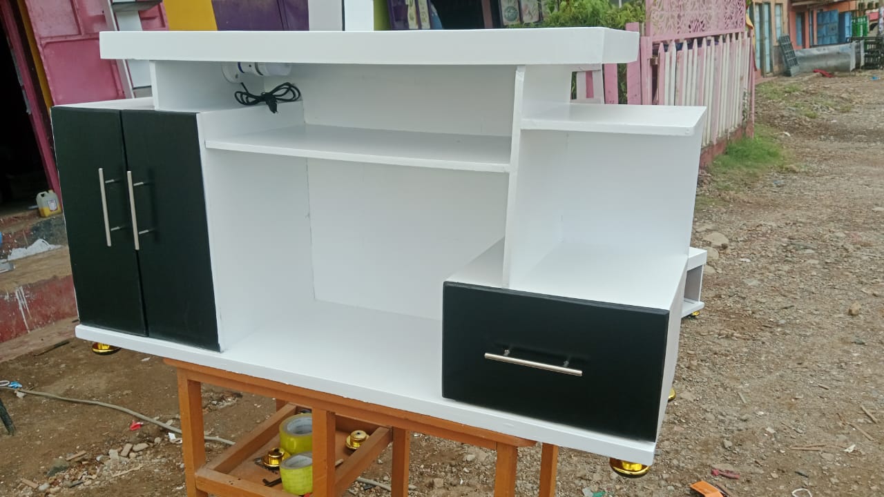 modern TV stand with shelves and drawers for living room.