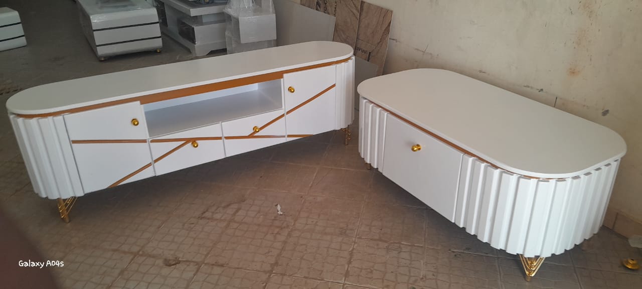 White luxurious TV stand and coffee table set for living room which elevates your living space.