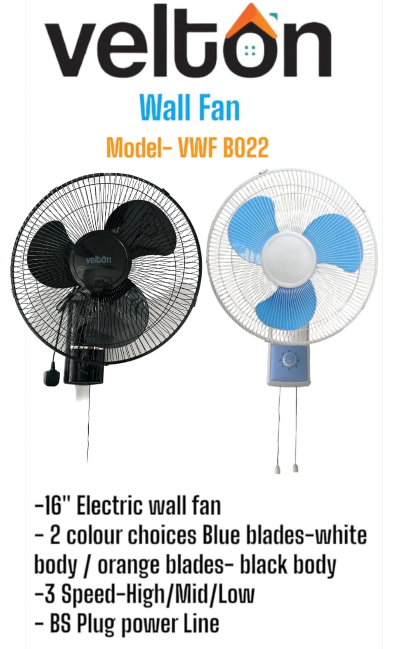 VELTON Wall Mounted Fan 16",3 Speedatures:
3 blades
3 speed selection
Timer function
Gross weight- 3.75kg
Black & orange body
Grill Size- 16".
WHAT’S IN THE BOX
1*1 VWF-B022 Wall fan.
User's Manual