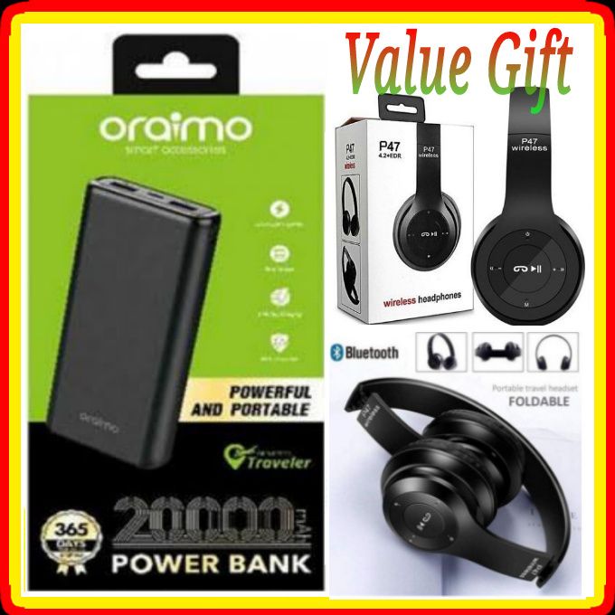 Oraimo PowerBank 20000mAh -Black+ P47 Wireless Headphones. The two USB ports of this charging accessory enable quick recharging of your mobile devices