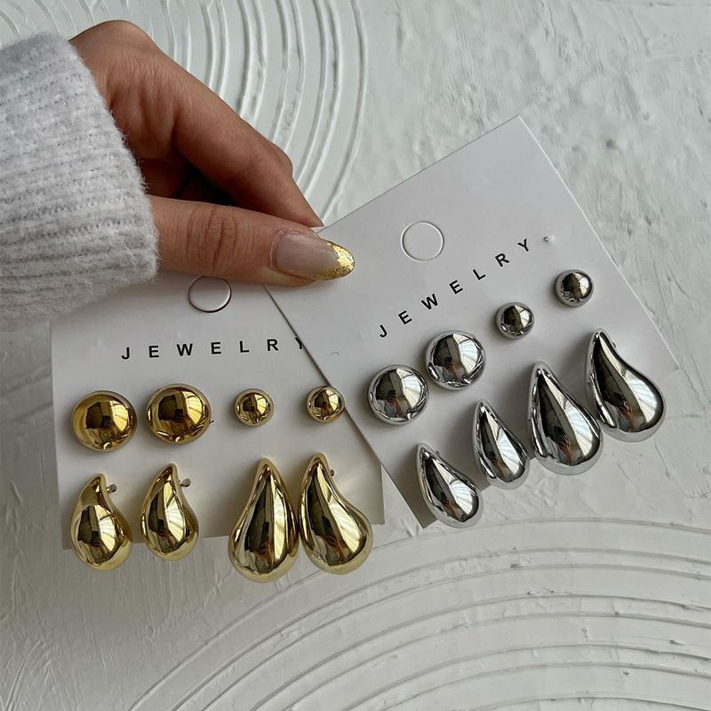 Waterproof 18k  Gold Fashion Simple 4 sets Stainless Steel high polished Smooth Water Drop Earrings Exaggerated Hollow Droplet Teardrop Chunky Large Stud Earrings  For Women