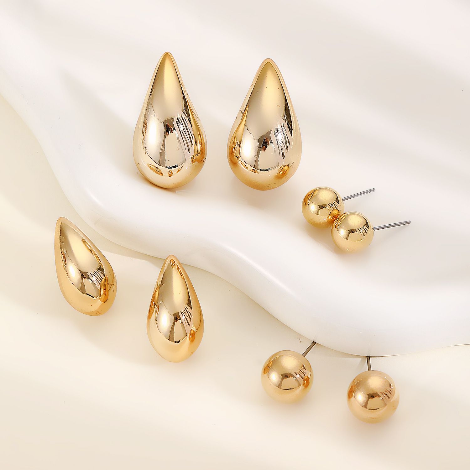 Waterproof 18k  Gold Fashion Simple 4 sets Stainless Steel high polished Smooth Water Drop Earrings Exaggerated Hollow Droplet Teardrop Chunky Large Stud Earrings  For Women