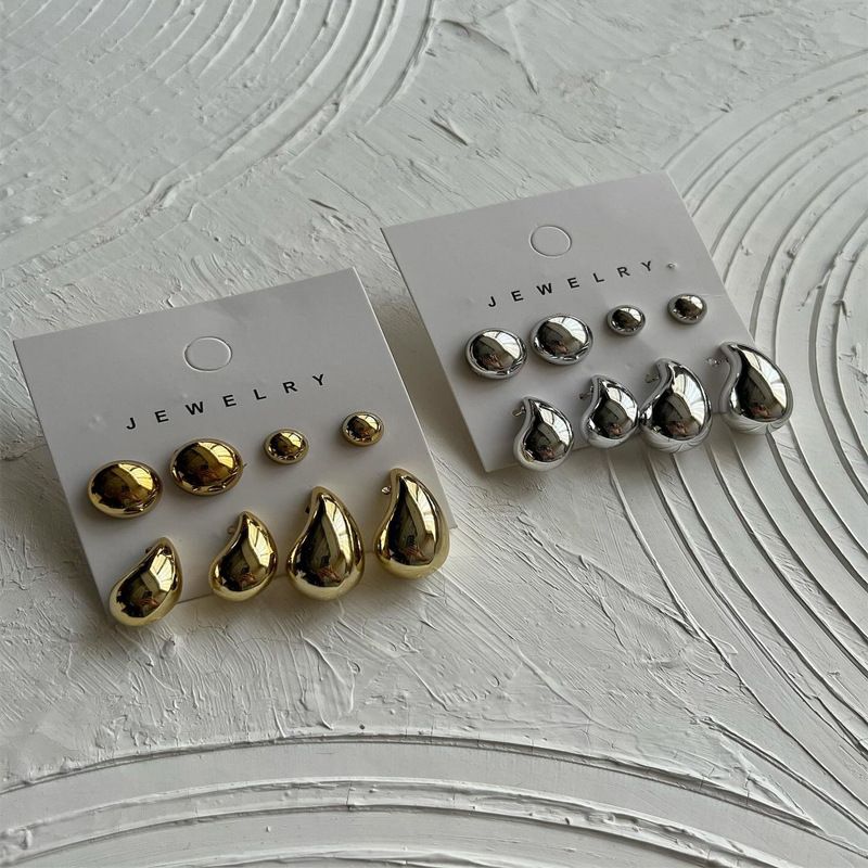 Waterproof 18k  Gold Fashion Simple 4 sets Stainless Steel high polished Smooth Water Drop Earrings Exaggerated Hollow Droplet Teardrop Chunky Large Stud Earrings  For Women