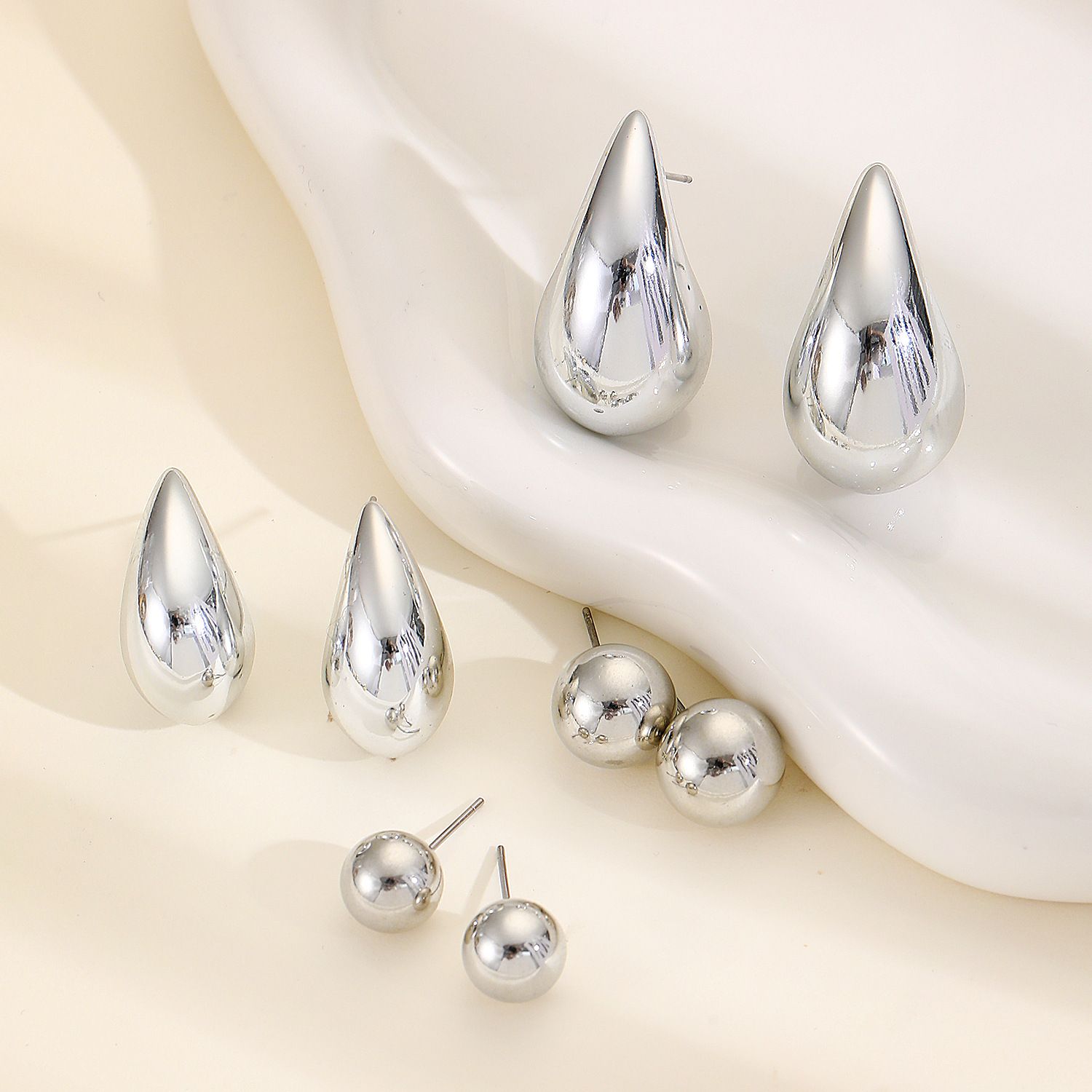 Waterproof 18k  Gold Fashion Simple 4 sets Stainless Steel high polished Smooth Water Drop Earrings Exaggerated Hollow Droplet Teardrop Chunky Large Stud Earrings  For Women
