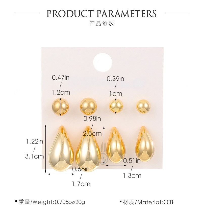 Waterproof 18k  Gold Fashion Simple 4 sets Stainless Steel high polished Smooth Water Drop Earrings Exaggerated Hollow Droplet Teardrop Chunky Large Stud Earrings  For Women