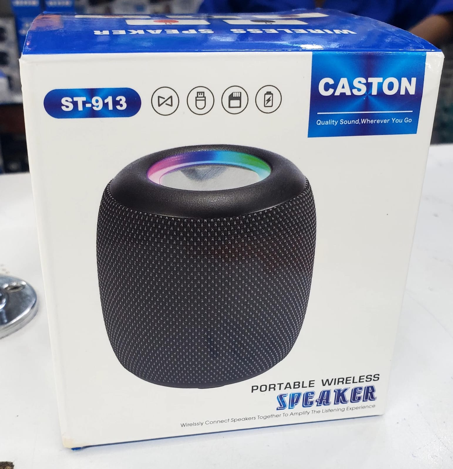 Caston Wireless Bluetooth Portable Speaker ST-913. Wireless links multiple connect compatible spearkers together. Battery capacity of 1200MaH.