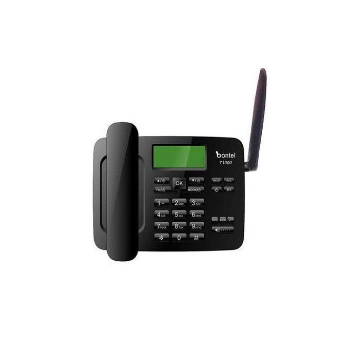 Bontel T1000, Wireless Desktop Phone, Sms,,Feature- Black,,home And Office. Dual sim card slot . Features include High capacity phone book, SMS functionality, Call history, Caller ID,Loud speaker,