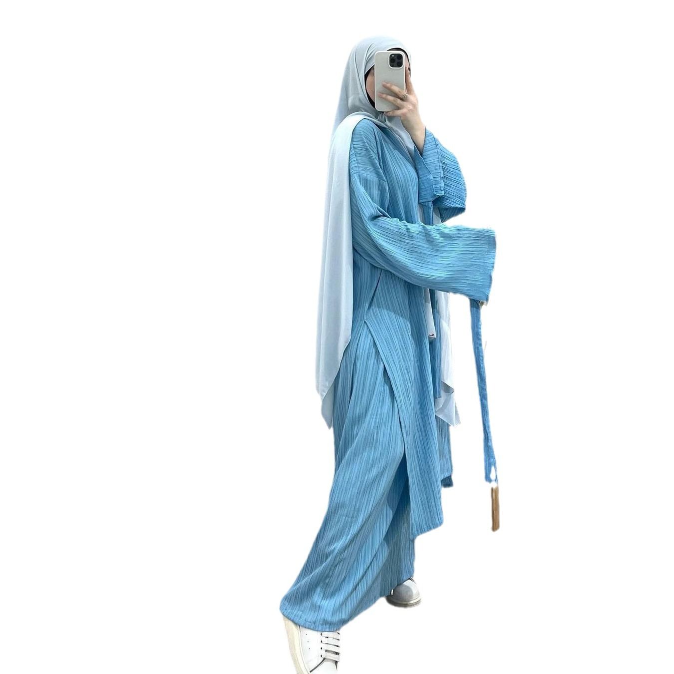 New Product Selection Hot Spot Middle East Arab Cross border Women's Wear 2024 New Mid length Long sleeved Wrinkled Robe Muslim Ethnic Clothing Elegant Half Skirt Set