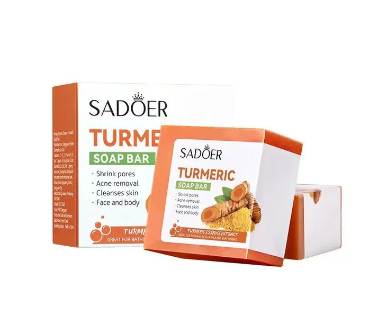 Sadoer Body and Face Turmeric Soap Bar, Tumeric Soap (100g) is Designed For Acne Removal, Deep Cleaning, Moisturizing, Shrinking large Pores, Like Vitamin C, Brighten Skin Tone, For Body and Face