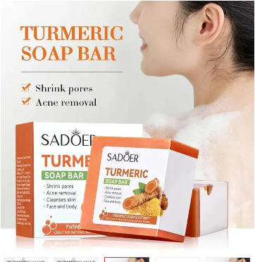 Sadoer Body and Face Turmeric Soap Bar, Tumeric Soap (100g) is Designed For Acne Removal, Deep Cleaning, Moisturizing, Shrinking large Pores, Like Vitamin C, Brighten Skin Tone, For Body and Face