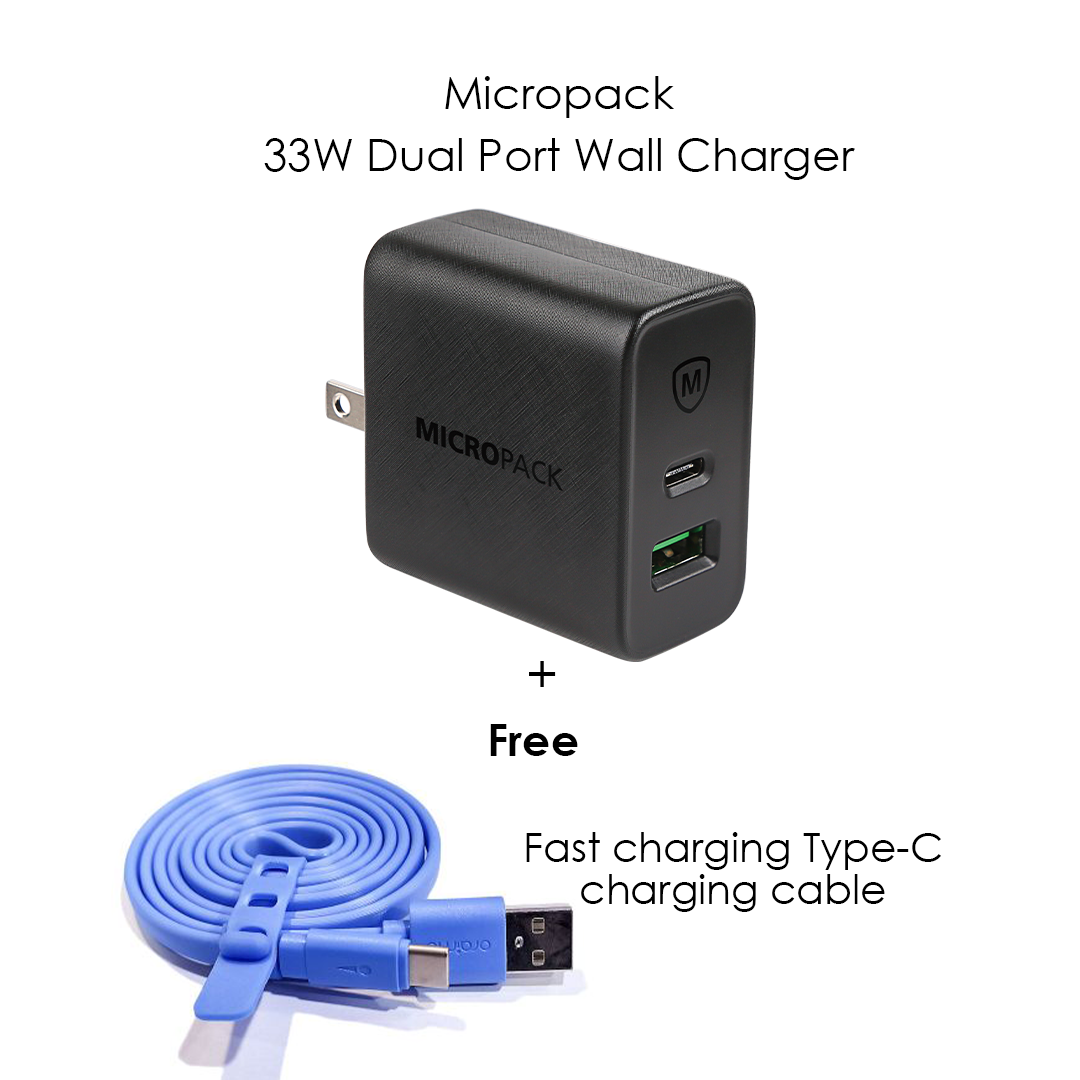 MicropackDual Ports Wall Charger 65W Plug Black MWC-265PD  + Oraimo Type-C Fast Charging Data Cable 1 meter OCD-C22P Blue Black