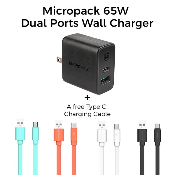 MicropackDual Ports Wall Charger 65W Plug Black MWC-265PD  + Oraimo Type-C Fast Charging Data Cable 1 meter OCD-C22P Blue Black