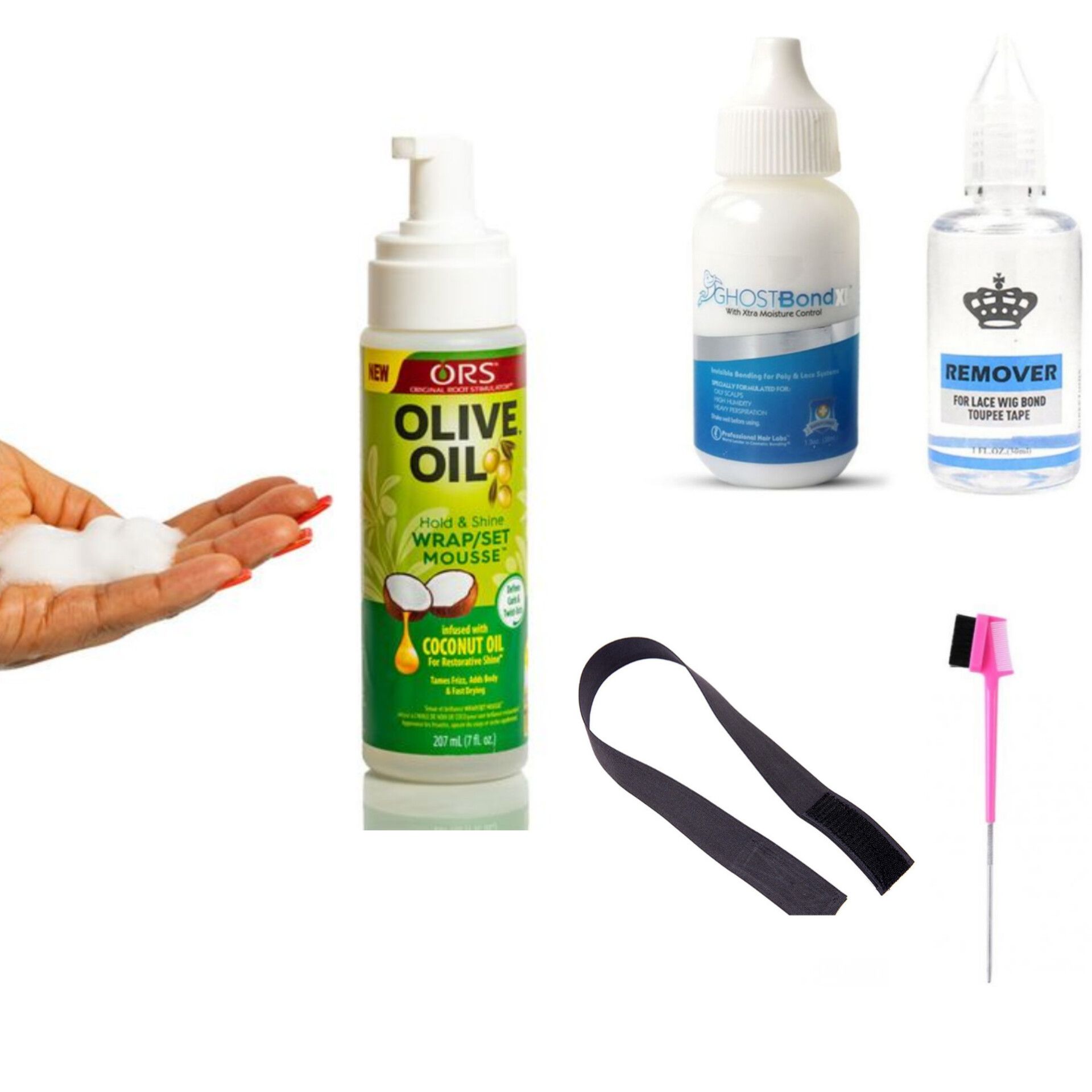 Hair mousse , wig glue , remover ,Elastic band ,Edge brush