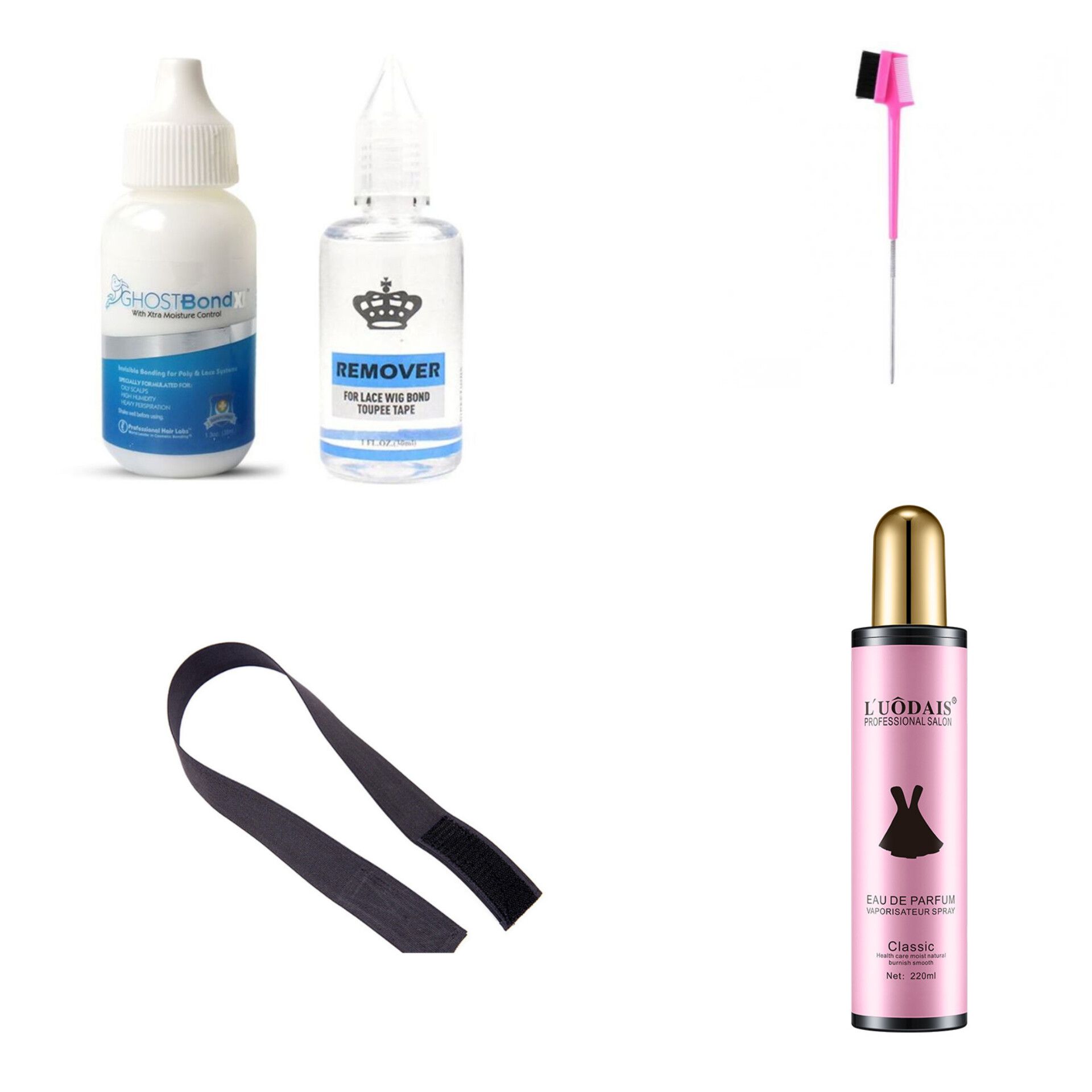 Wig glue remover , Ghost bond , hair spray , edge brush , elastic band