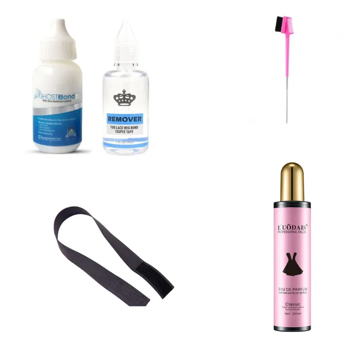 Wig glue remover , Ghost bond , hair spray , edge brush , elastic band