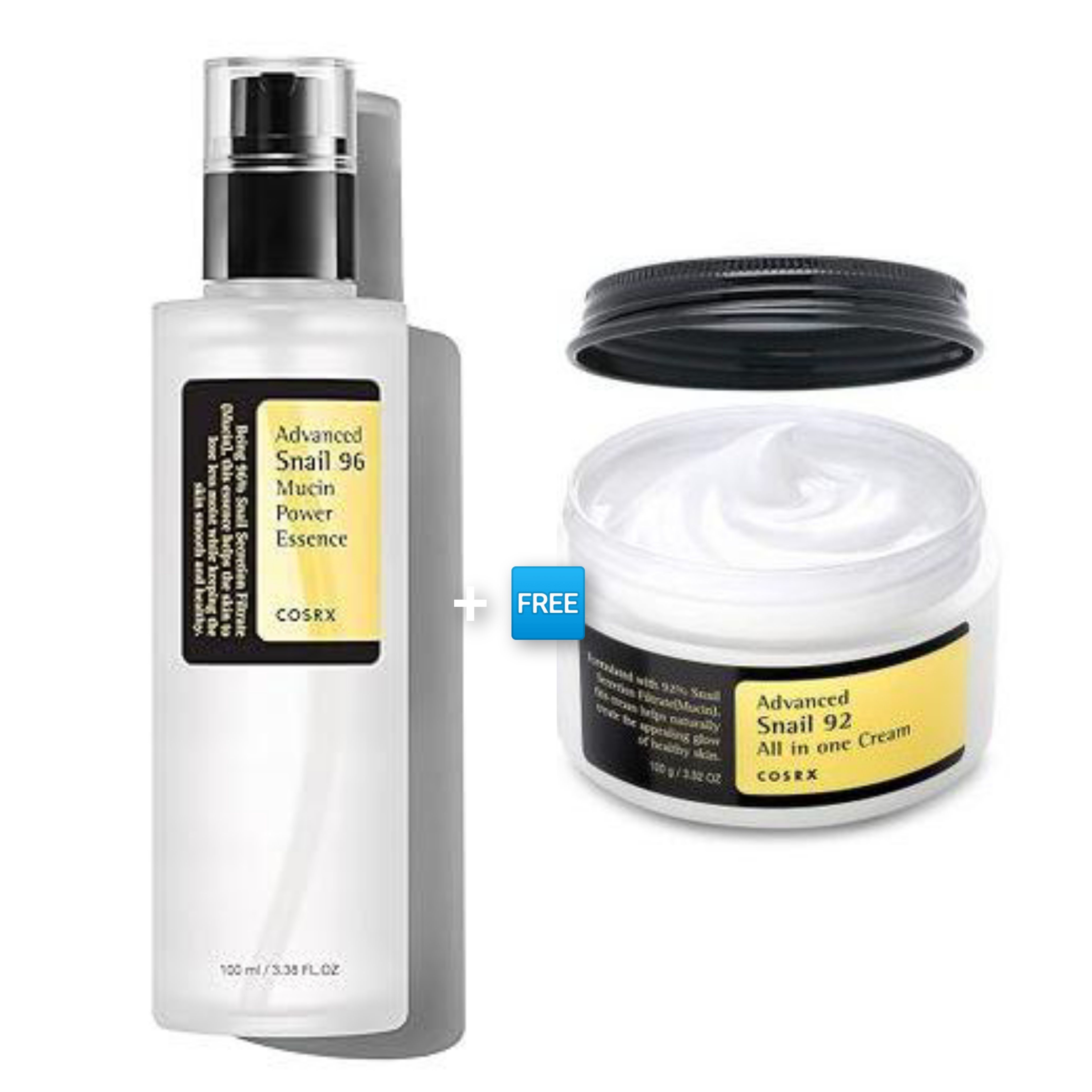 COSRX Advanced Snail 96 Mucin Power Essence + Advanced Snail 92 All In One Cream. Moisturizes, Remove Dark Spots, Scars, Prevent Aging & Breakouts, Repairs & Smooths