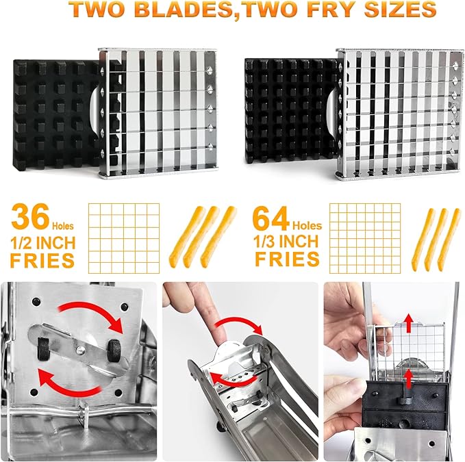 Commercial Grade French Fry Cutter, Stainless Steel Potato Cutter With 2 Blades, Potato Slicer for French Fries Vegetable Carrots Cucumbers Cutter