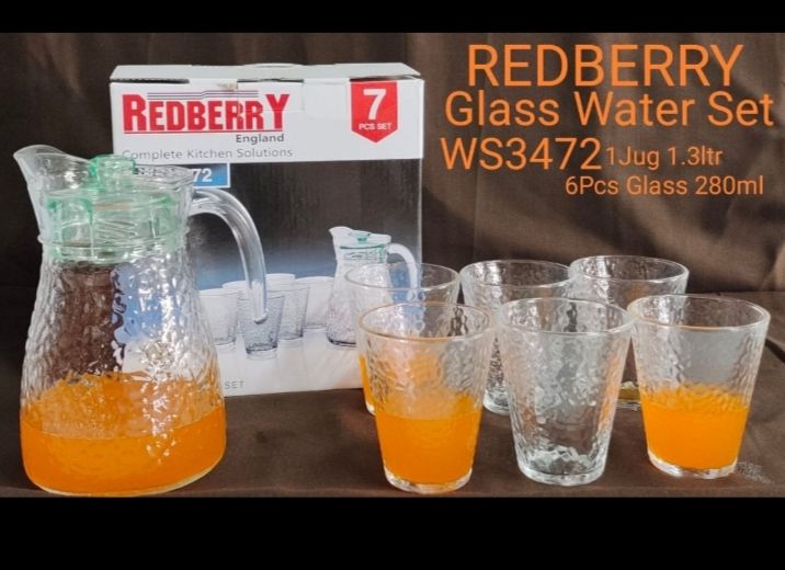 redberry   glass water set WS 3472 1 jug 1.3 lltrs & 6pcs glasses 280ml