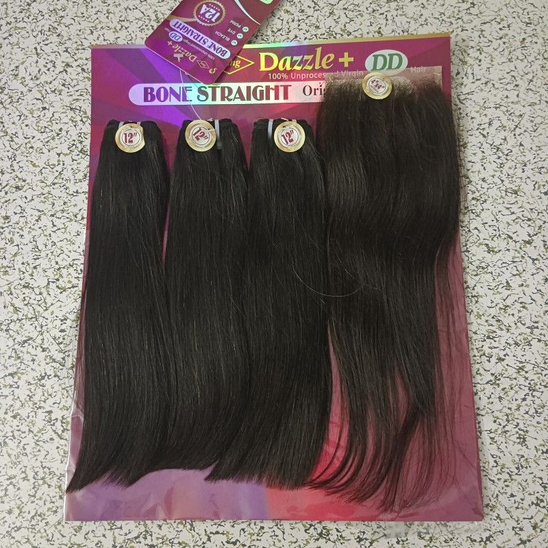 12A Indian Bone Straight Hair Bundles With Closure Set Human H
air Extension
