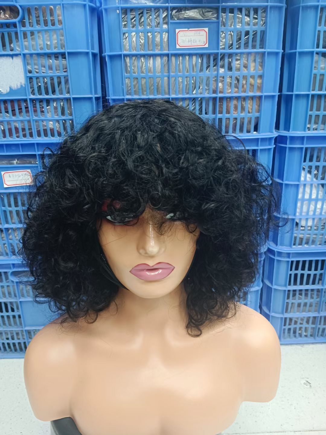 Promotion Fringe Curly Wig  12A Human Hair 300% Density  Black\ Brown \ 99j  3 Colors Wig with Bang Wear and Go as Picture