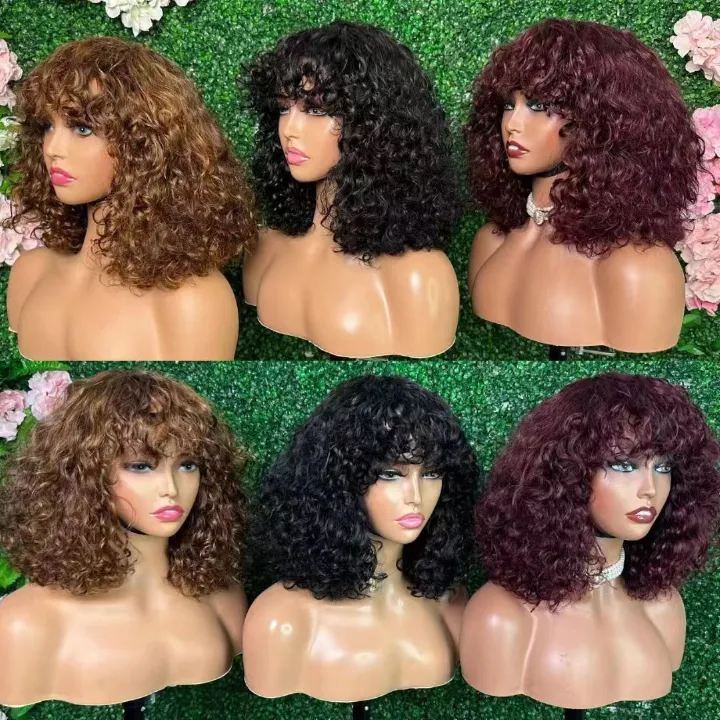 Promotion Fringe Curly Wig  12A Human Hair 300% Density  Black\ Brown \ 99j  3 Colors Wig with Bang Wear and Go as Picture