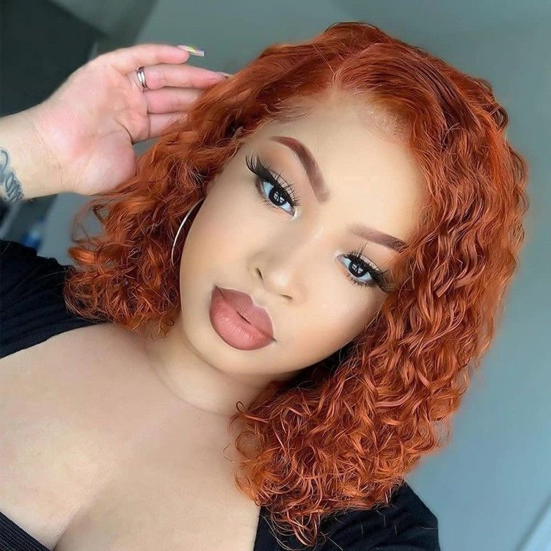 10A Brazilian Human Hair 350# Orange Water Wave 13*4 Lace Frontal Bob Wig
​ Brazilian