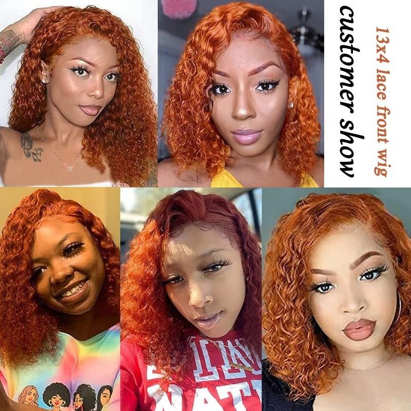 10A Brazilian Human Hair 350# Orange Water Wave 13*4 Lace Frontal Bob Wig
​ Brazilian
