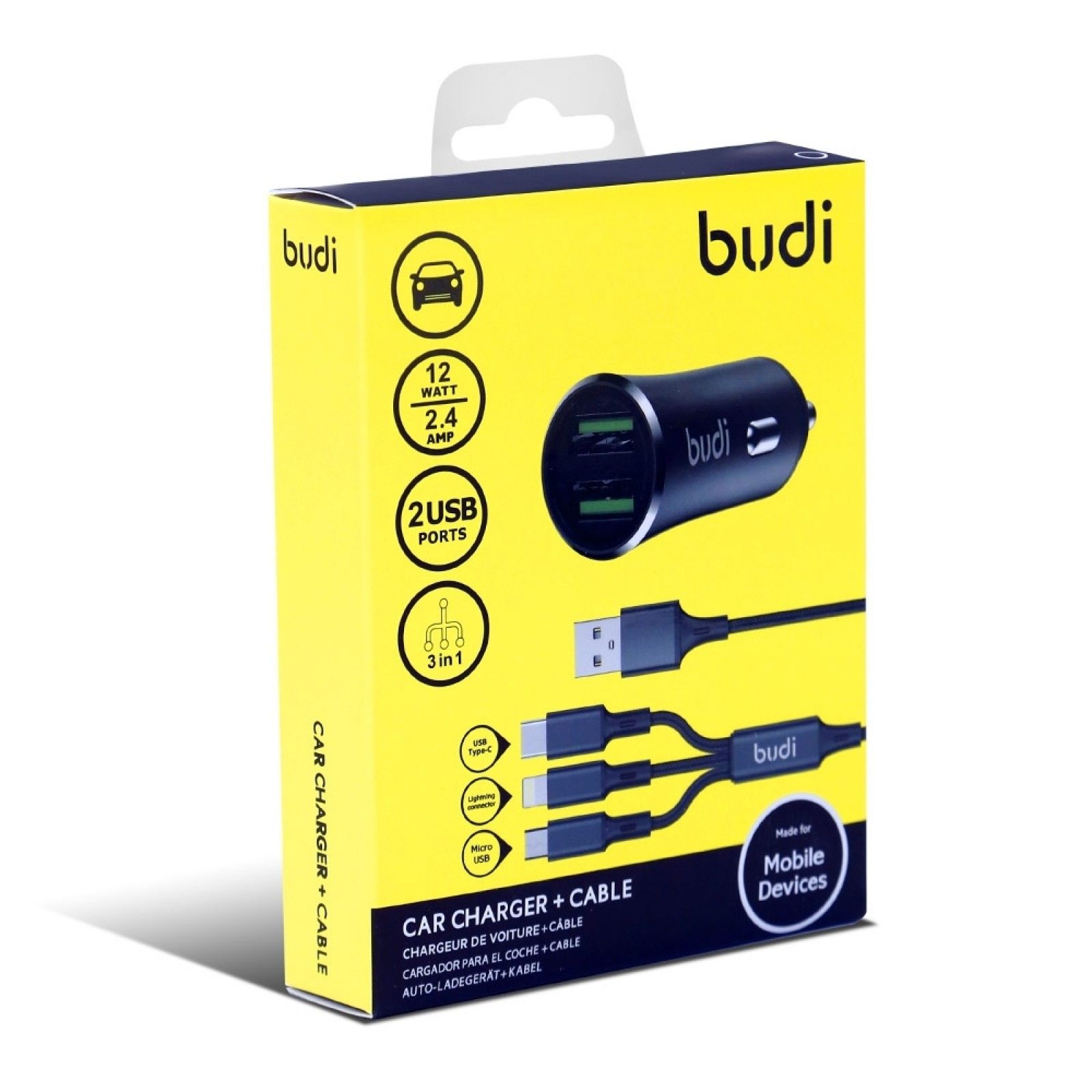 Budi Car Fast Charger with 3 in 1 Cable 12W 2.4Amp Compatible with iPhone/Samsung/Redmi/Nokia Motorola/All Type C Devices/Tablets SAmsung A15,A14,A24,A25,A05,A34Phone 15 Pro MAx