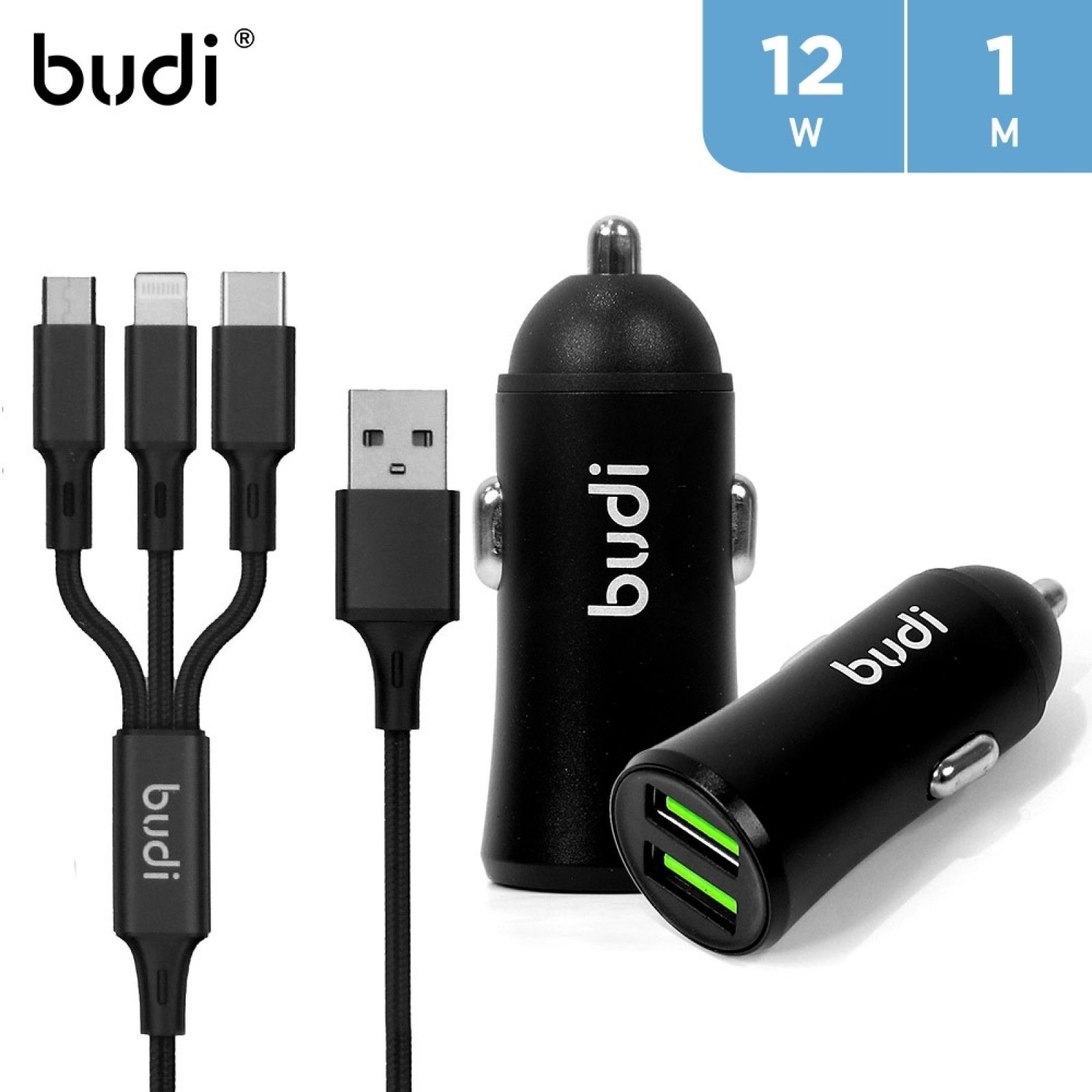 Budi Car Fast Charger with 3 in 1 Cable 12W 2.4Amp Compatible with iPhone/Samsung/Redmi/Nokia Motorola/All Type C Devices/Tablets SAmsung A15,A14,A24,A25,A05,A34Phone 15 Pro MAx