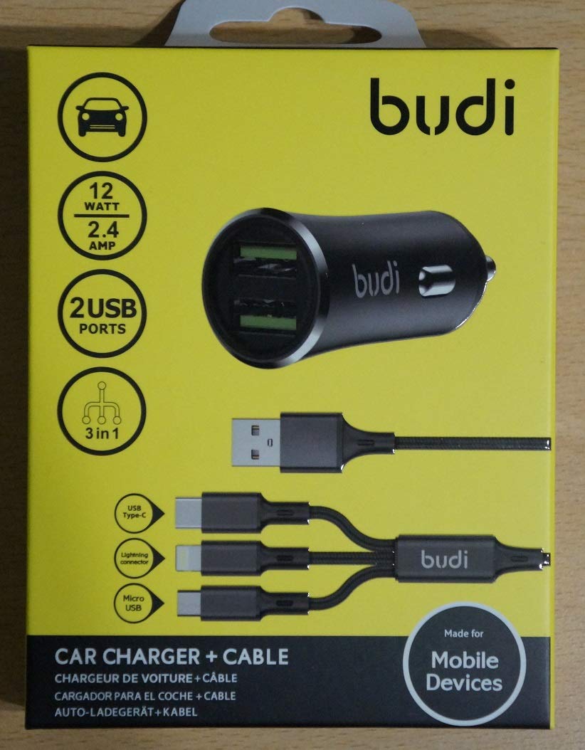 Budi Car Fast Charger with 3 in 1 Cable 12W 2.4Amp Compatible with iPhone/Samsung/Redmi/Nokia Motorola/All Type C Devices/Tablets SAmsung A15,A14,A24,A25,A05,A34Phone 15 Pro MAx