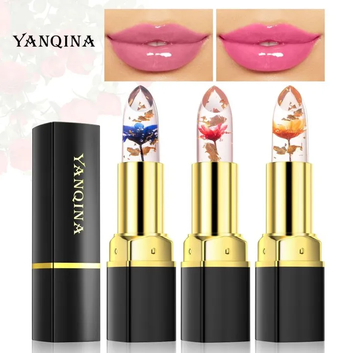 1Pcs YANQINA Red Rose Flower Lipstick Transparent Jelly Color Changing Gold Leaf Lipstick Warm Change Lipstick Non-stick Cup Non-fading Lip Gloss