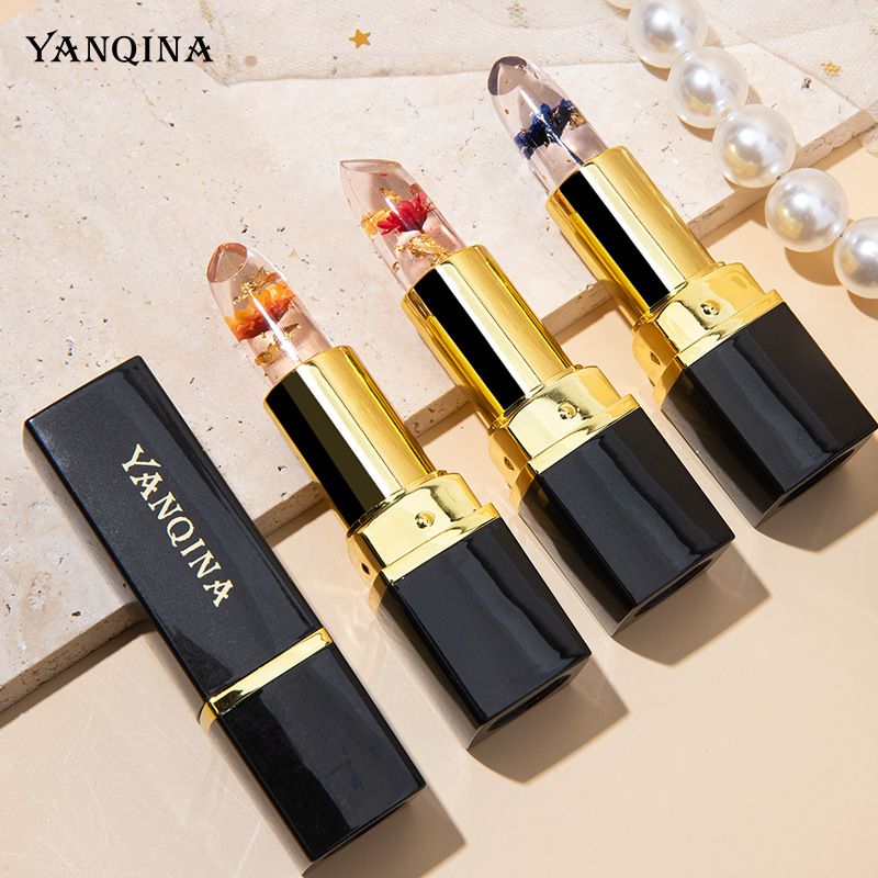 1Pcs YANQINA Red Rose Flower Lipstick Transparent Jelly Color Changing Gold Leaf Lipstick Warm Change Lipstick Non-stick Cup Non-fading Lip Gloss