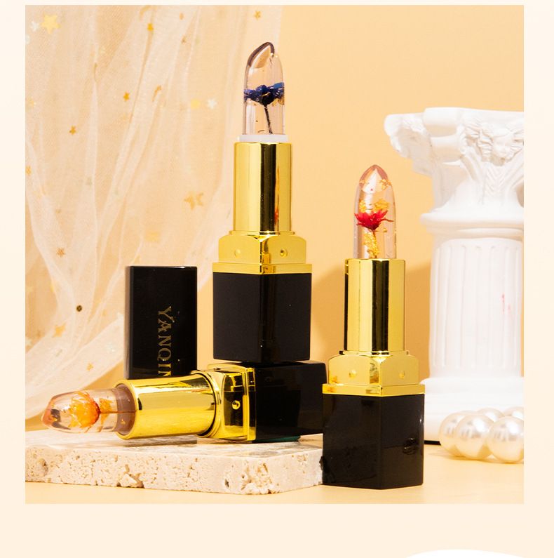 1Pcs YANQINA Red Rose Flower Lipstick Transparent Jelly Color Changing Gold Leaf Lipstick Warm Change Lipstick Non-stick Cup Non-fading Lip Gloss