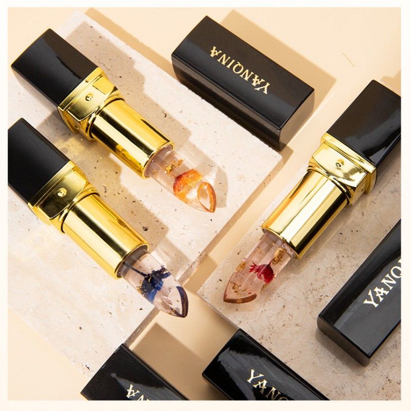 1Pcs YANQINA Red Rose Flower Lipstick Transparent Jelly Color Changing Gold Leaf Lipstick Warm Change Lipstick Non-stick Cup Non-fading Lip Gloss