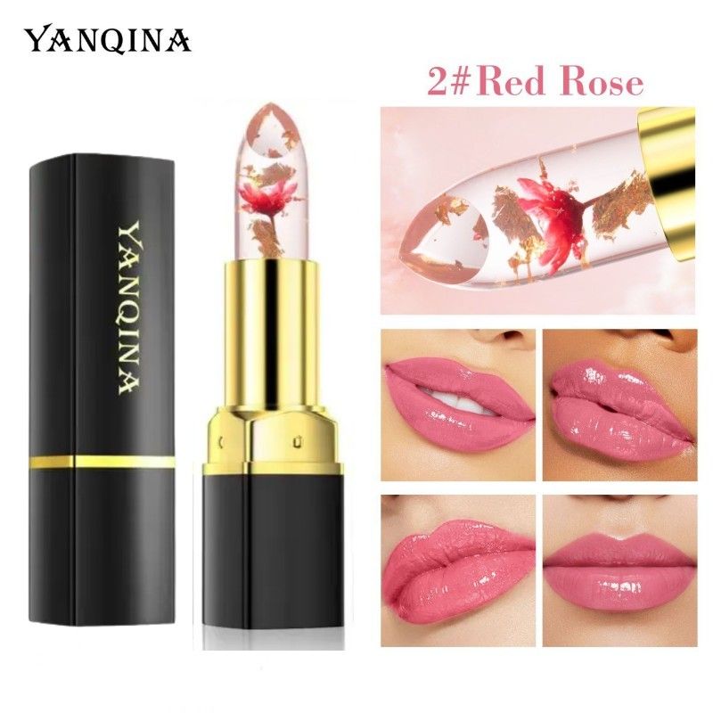 1Pcs YANQINA Red Rose Flower Lipstick Transparent Jelly Color Changing Gold Leaf Lipstick Warm Change Lipstick Non-stick Cup Non-fading Lip Gloss