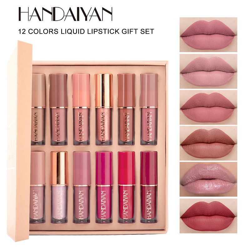 12 Colors Matte Liquid Lipstick Set Lip Glosses Suit Long-Lasting Moisturizing Smudge-Proof Waterproof Nonstick Cup Lip Book-Style