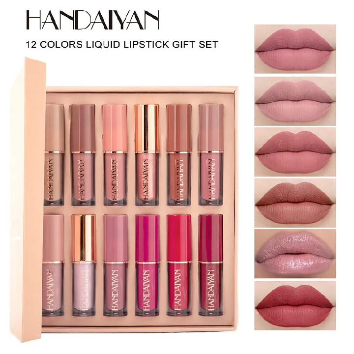 12 Colors Matte Liquid Lipstick Set Lip Glosses Suit Long-Lasting Moisturizing Smudge-Proof Waterproof Nonstick Cup Lip Book-Style