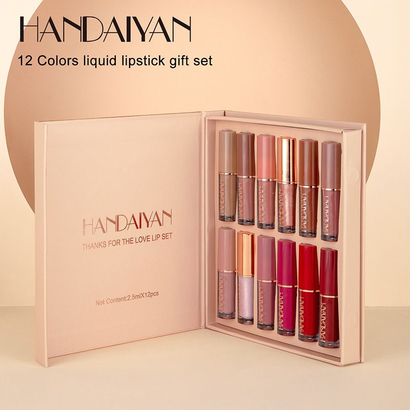 12 Colors Matte Liquid Lipstick Set Lip Glosses Suit Long-Lasting Moisturizing Smudge-Proof Waterproof Nonstick Cup Lip Book-Style
