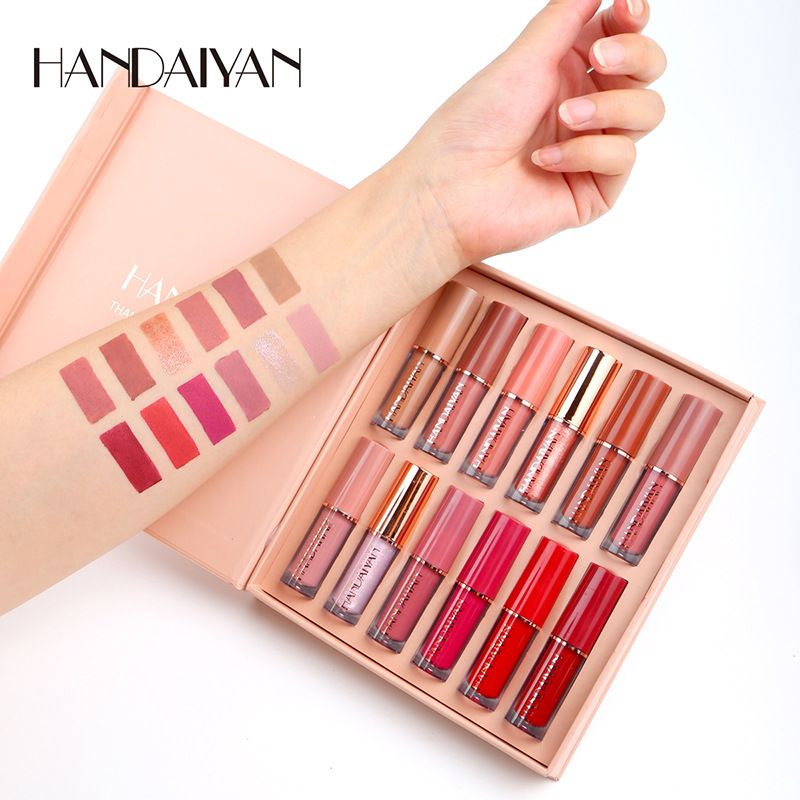 12 Colors Matte Liquid Lipstick Set Lip Glosses Suit Long-Lasting Moisturizing Smudge-Proof Waterproof Nonstick Cup Lip Book-Style