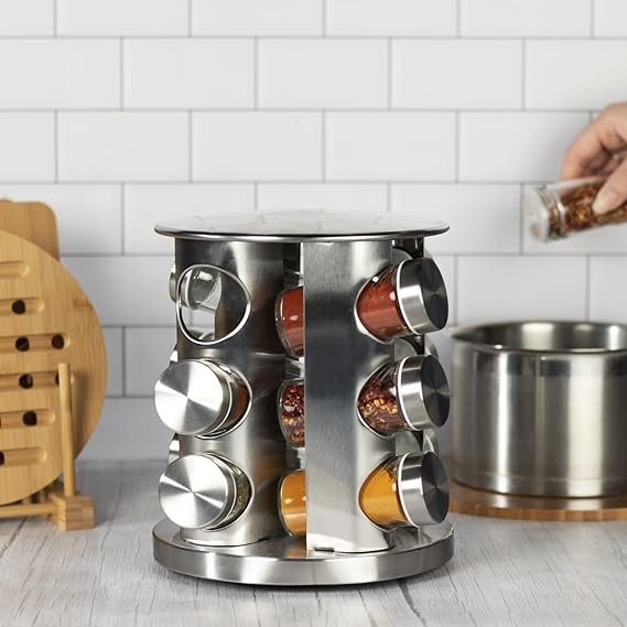Revolving Spice Rack - 12 Glass Shaker Jars Included | Stainless Steel Countertop Kitchen Organiser Holder | Standing Herbs & Spice Seasoning Storage Tower | 360° Rotation