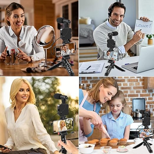 Smartphone Vlogging Kit, Phone Vlog Kit for Starters, Kids Videos, Recording YouTube Videos Tiktoks, with Light, Microphone, Tripod with Hand Held Option, Phone Clip, Remote Bluetooth