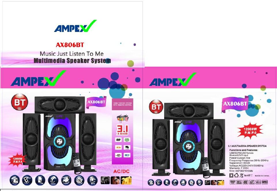 HOME THEATRE SUB- WOOFER SYSTEM 3.1 CH X-BASS 12000W WITH REMOTE CONTROL AX806BT- BLACK