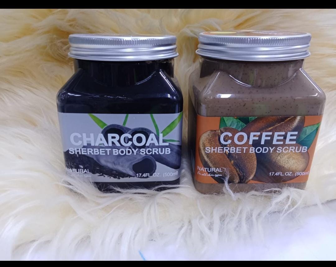 Coffee Body Scrub - 500ml Sherbet body scrub helps to unclog pores and gently remove blackheads and dead skin cells that dull the natural skin complexion. The natural exfoliating complex cleans deep