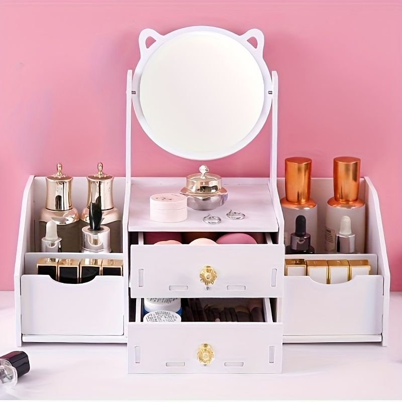 Desktop Cosmetics Storage Box With Mirror And Drawer, Skincare Jewelry Lipstick Organizer